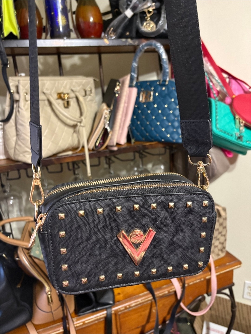 Valentino Orlandi Black Studded Crossbody Bag with Gold Accent